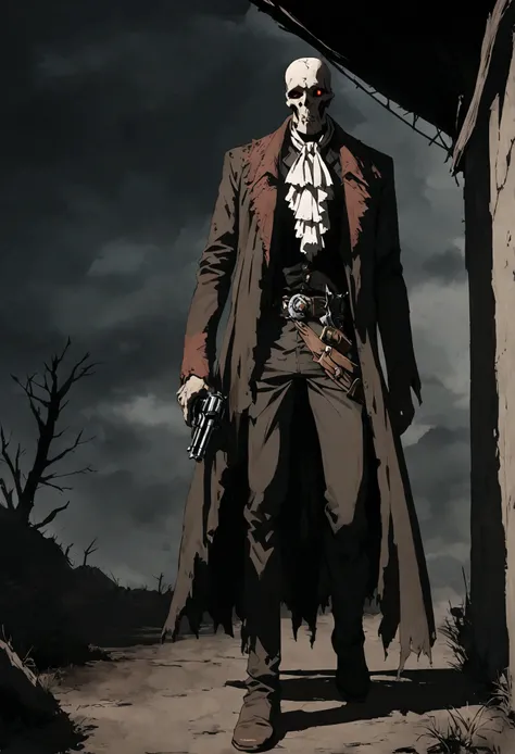 An undead Cowboy with a split jaw and empty eye sockets, gloomy atmosphere, rot, full body, western, revolver