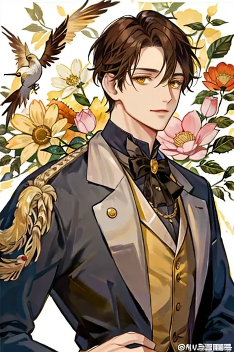 anime man in his late 40s with short brown hair and yellow eyes dressed in Victorian dark suit 