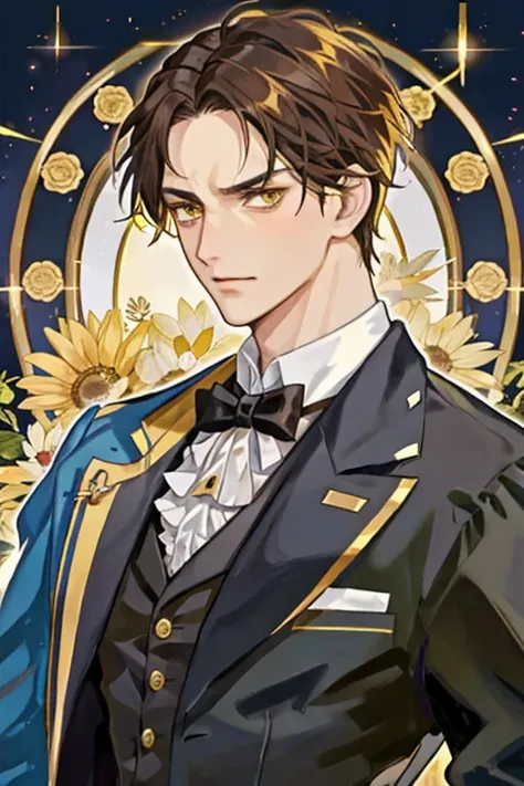 anime man in his late 40s with short brown hair and yellow eyes with scowl and forehead lines dressed in Victorian dark suit 