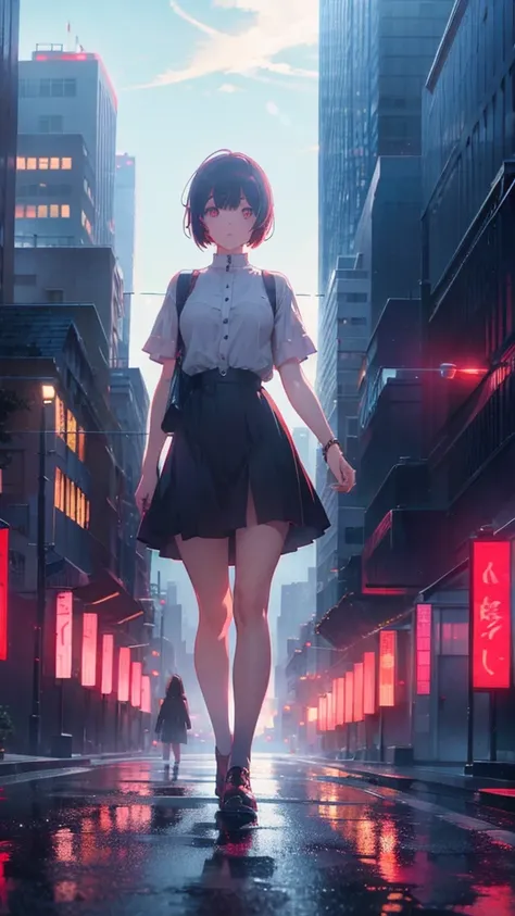 girl with short bob hair,Red eyes ,A shining heaven,Walking in heaven,A distant view,Buildings,up