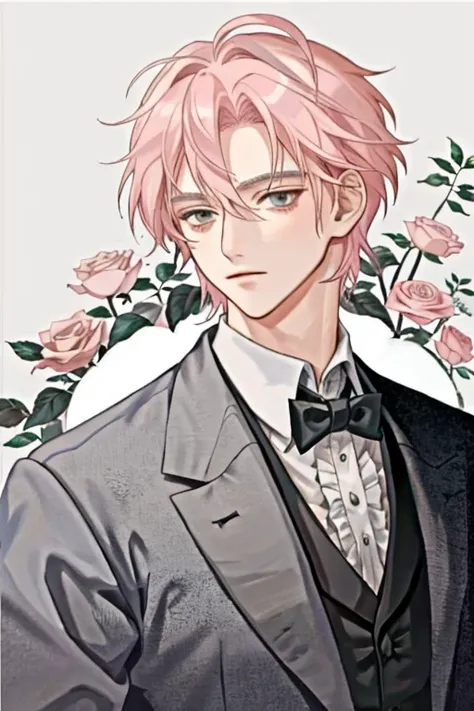 anime old man in his late 80s with short light pink hair and grey eyes dressed in Victorian dark suit 