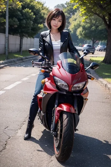 ((highest quality, 8K, masterpiece: 1.3)), sharp: 1.2, perfect body beauty: 1.4,pretty girl,light brown short hair,(((Girl on a motorcycle))),slender body,Highly detailed face and skin texture,fine eyes, double eyelid,((full body shot)),Natural light,smile...