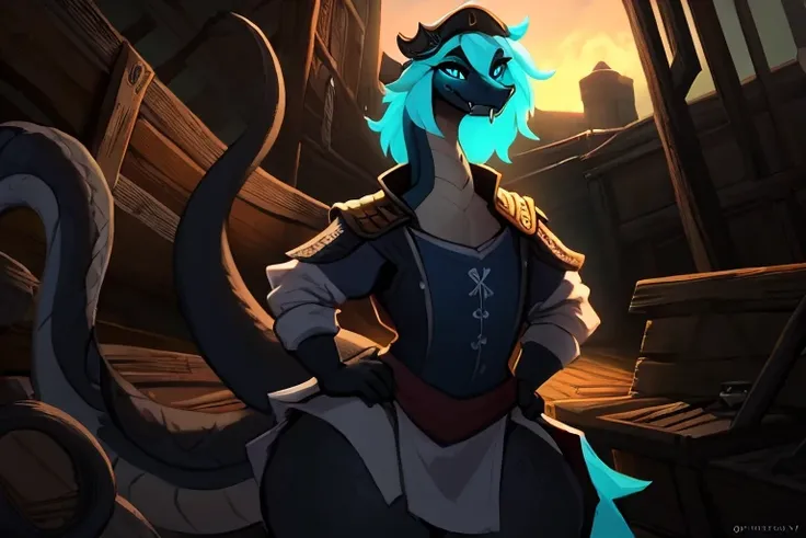 Ultra hi quality, detailed shading, anthropomorphic snake,((black scales)), cyan eyes, cyan fangs, wide hips, massive thighs, massive ass, long neck, femboy, grey and black 17th century Spanish naval attire, shipwreck background, hands on hips, staring at ...