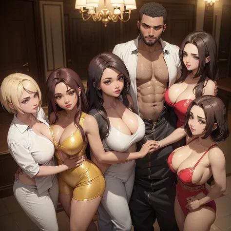 (Best Quality, 2k, Masterpiece, QHD: 1.3, A Handsome short haired african barbarian   man is surrounded by three women up against him touching him and gaze at him, at a mansion, wearing Tracksuits that show off body, perfect bodies, women: long flowing hai...