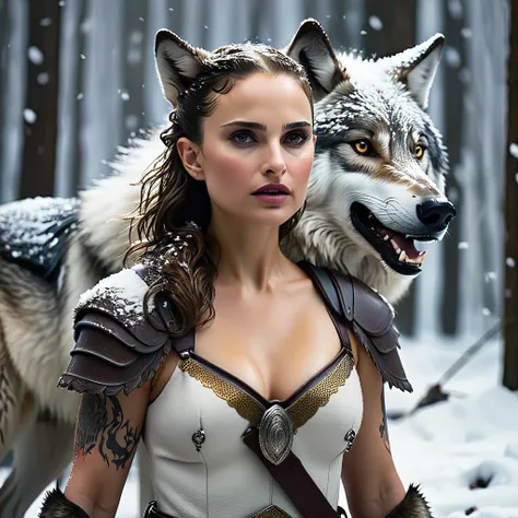 4k highly detailed realistic digital extremely high quality RAW photograph, a portrait photo of Natalie Portman that lived with wolves her whole life is now leading them to battle. torn clothes exposing (nude:1.4) body, armored pauldrons, fangs, curled hor...