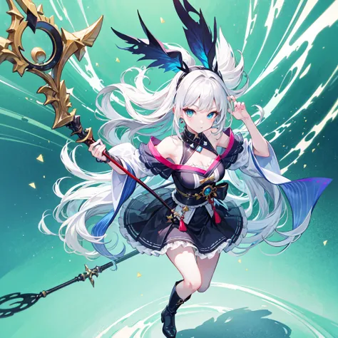 Star Fairy、Dynamic composition、best quality, ultra detailed, Full-HD, absurdres, a girl, fairy, hopeful, happy, standing, sword fighting, front view, blunt cut, long hair, white hair, colored inner hair, aqua hair, blue eyes, big eyes, detailed face, slend...