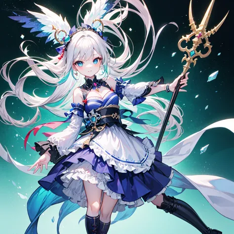 Star Fairy、Dynamic composition、best quality, ultra detailed, Full-HD, absurdres, a girl, fairy, hopeful, happy, standing, sword fighting, front view, blunt cut, long hair, white hair, colored inner hair, aqua hair, blue eyes, big eyes, detailed face, slend...