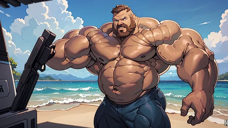 A large, muscular, hyper-beefy, obese man with a wide body relaxing on a beach, detailed face, realistic, photorealistic, 8k, ultra-detailed, (best quality,4k,8k,highres,masterpiece:1.2),ultra-detailed,(realistic,photorealistic,photo-realistic:1.37),HDR,st...