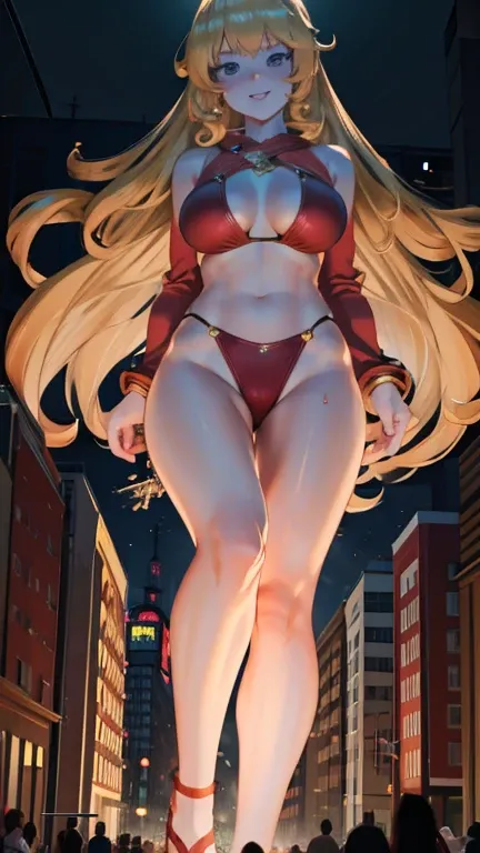 Giant Girl 50,000 feet high，Have a pair of long legs，Have a pair of huge breasts，Wearing a red bikini，Waist-length blonde hair，Loose hair，Wear a pair of Mary Janes，Blonde curly hair，Full of enjoyment，Stand tall in a crowded town, Vandalism，It seems to be a...