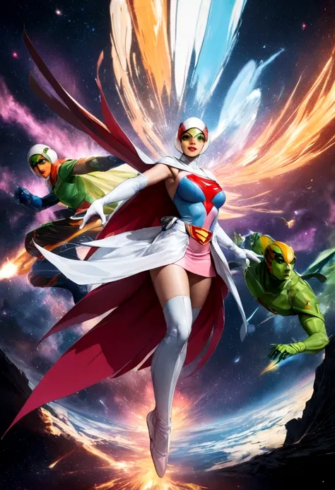 Gatchaman, (Masked superheroes), Iconic heroes, The Guardians of Earth, Science Ninja Team, (Stunning superheroes), (Vibrant colors), Space-themed costumes, Sleek gauntlets and helmets, Silver and blue agile figures, (Incredible detail), (Capital city back...