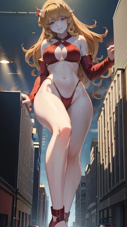 Giant Girl 50,000 feet high，Have a pair of long legs，Have a pair of huge breasts，Wearing a red bikini，Waist-length blonde hair，Loose hair，Wear a pair of Mary Janes，Blonde curly hair，Full of enjoyment，Stand tall in a crowded town, Vandalism，It seems to be a...