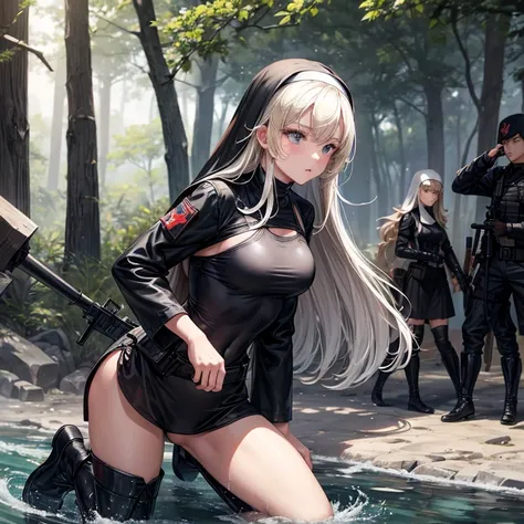 the background is a wilderness battlefield.、nun in a black high-cut swimsuit、blonde long hair、black short boots、enemy soldiers&#...