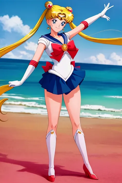 masterpiece, high definition, best quality, rendered art, well formed hands, fingers and body, 1 woman, solo, sailor moon , adult, grown up, twin tails, blonde, big breasted, cleavage, full body, , sexy sailor senshi uniform, short blue skirt, red boots, g...