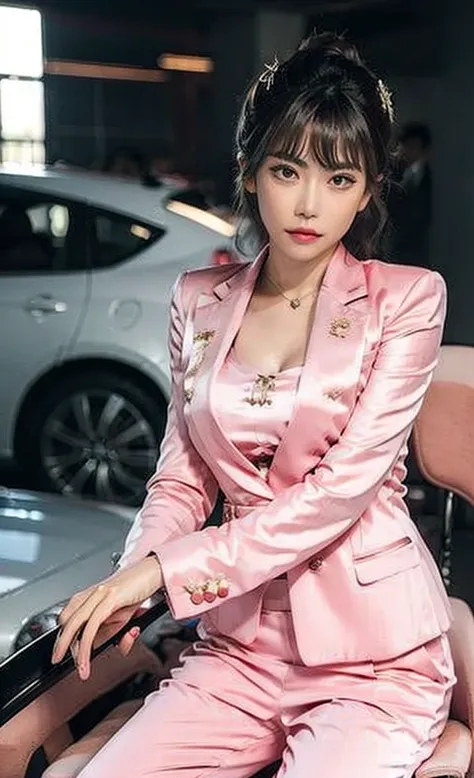 Full body ,A woman in a pink dress sits on a chair, woman in suit, Wear tight clothing., young woman in a suit, Gorgeous Chinese model, in business attire, The jacket opened up to generous cleavage., โดยWear a business suit, cute woman, strict suit, Wear a...