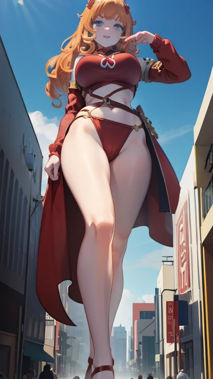 Giant Girl 50,000 feet high，Have a pair of long legs，Have a pair of huge breasts，Wearing a red bikini，Waist-length blonde hair，Loose hair，Wear a pair of Mary Janes，Blonde curly hair，Full of enjoyment，Standing tall in a crowded city, Vandalism，It seems to b...