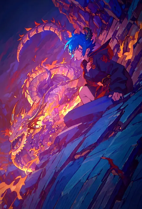 1 female, alone, short blue hair, ((half human and half dragon)), 30 years old, horns coming out of her neck, scary look, breath of fire character; Hybrid character of Human and dragon, full body; ((best angle)); ((better details)); human form