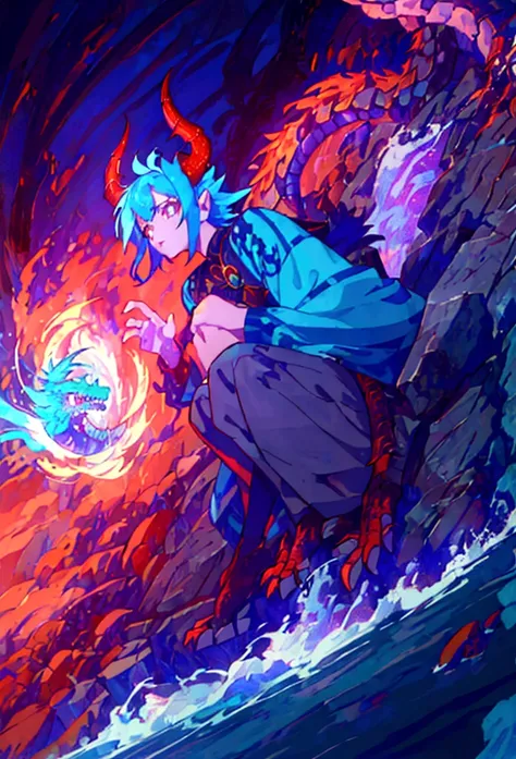 1 female, alone, short blue hair, ((half human and half dragon)), 30 years old, horns coming out of her neck, scary look, breath of fire character; Hybrid character of Human and dragon, full body; ((best angle)); ((better details)); human form