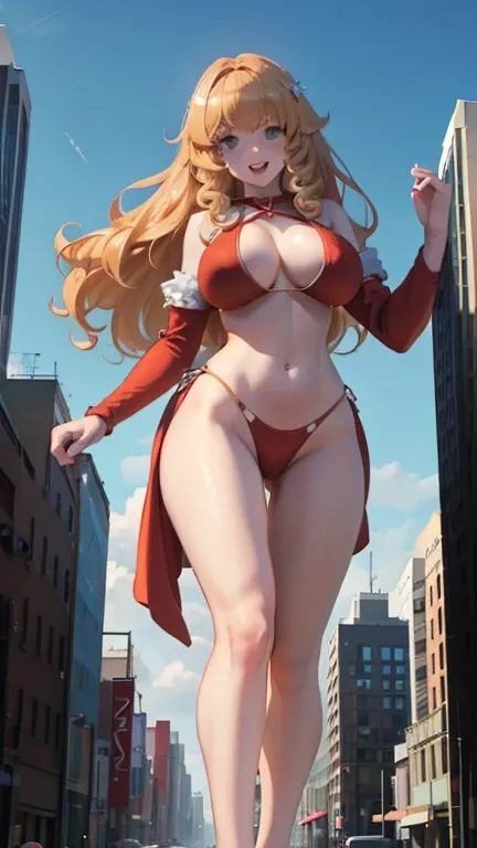 Giant Girl 50,000 feet high，Have a pair of long legs，Have a pair of huge breasts，Wearing a red bikini，Waist-length blonde hair，Loose hair，Wear a pair of Mary Janes，Blonde curly hair，Full of enjoyment，Standing tall in a crowded city, Vandalism，It seems to b...