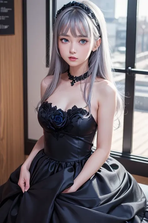 (highest quality, Tabletop), (One Girl, alone, Black Dress, Are standing , Show Viewer, Gray Hair, blue eyes,  Mouth closed, ),((Blue rose)),   One Woman、20-year-old woman、Flat body、Slime、cute、Primary school students&#39;Face、 (Background Blur)、(Shine:1.3)...