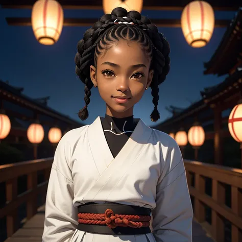 masterpiece, best quality), deep ebony 1girl, beautiful face, short Afro braids , cute, , beautify, Lofi vibe,, cute night vibe, concentrated, hands outside of the picture ,japan vibe ,samurai armour clothing, cute look, clothing is dry and baggy, small br...