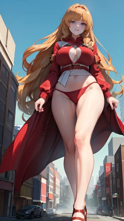 Giant Girl 50,000 feet high，Have a pair of long legs，Have a pair of huge breasts，Wearing a red bikini，Waist-length blonde hair，Loose hair，Wear a pair of Mary Janes，Blonde curly hair，Full of enjoyment，Standing tall in a crowded city, Vandalism，It seems to b...