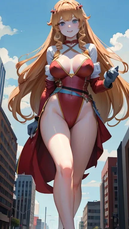 Giant Girl 50,000 feet high，Have a pair of long legs，Have a pair of huge breasts，Wearing a red bikini，Waist-length blonde hair，Loose hair，Wear a pair of Mary Janes，Blonde curly hair，Full of enjoyment，Standing tall in a crowded city, Vandalism，It seems to b...