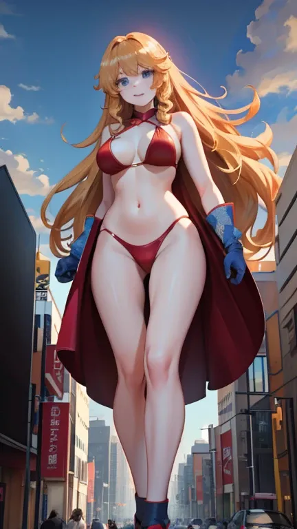 Giant Girl 50,000 feet high，Have a pair of long legs，Have a pair of huge breasts，Wearing a red bikini，Waist-length blonde hair，Loose hair，Wear a pair of Mary Janes，Blonde curly hair，Full of enjoyment，Standing tall in a crowded city, Vandalism，It seems to b...