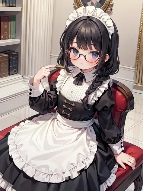 8k, (Classicism:1.5), 9-year-old girl, black eye, Glasses, Black Hair, Long Hair, Braid, Black maid outfit