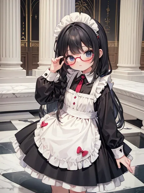 8k, (Classicism:1.5), 9-year-old girl, black eye, Glasses, Black Hair, Long Hair, Braid, Black maid outfit