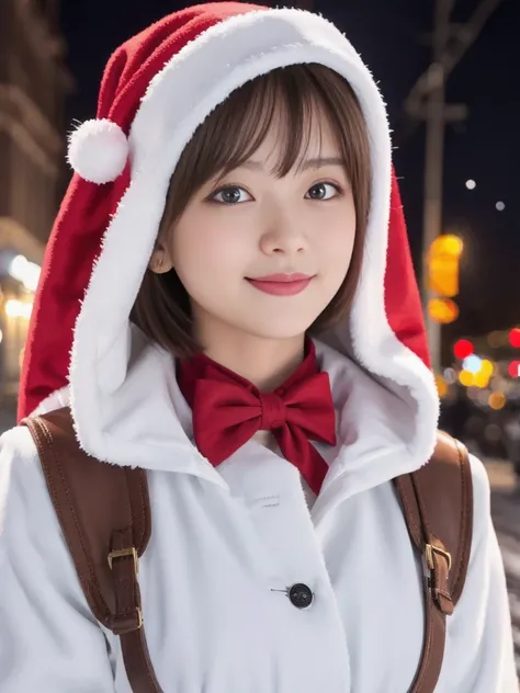 1girl, santa claus costume, symmetry, beautiful cute young girl, slender figure, (ultra short hair:1.5), ultra big smile, (Beautiful large round droped detailed eyes:1.0), beautiful detailed lips, extremely detailed face, natural makeup,Incredibly beautifu...