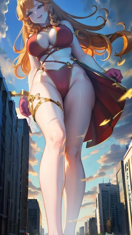 Giant Girl 50,000 feet high，Have a pair of long legs，Have a pair of huge breasts，Wearing a red bikini，Waist-length blonde hair，Loose hair，Wear a pair of Mary Janes，Blonde curly hair，Full of enjoyment，Standing tall in a crowded city, Vandalism，It seems to b...