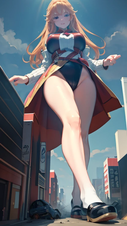 Giant Girl 50,000 feet high，Have a pair of long legs，Have a pair of huge breasts，Wearing a red bikini，Waist-length blonde hair，Loose hair，Wear a pair of Mary Janes，Blonde curly hair，Full of enjoyment，Standing tall in a crowded city, Vandalism，It seems to b...