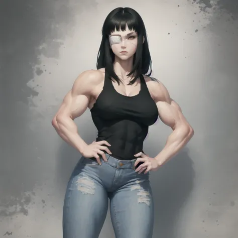 (masterpiece, best quality:1.2), solo, 1girl, valmet, muscular, abs, expressionless, looking at viewer, hand on hip, eyepatch, black tank top, jeans 