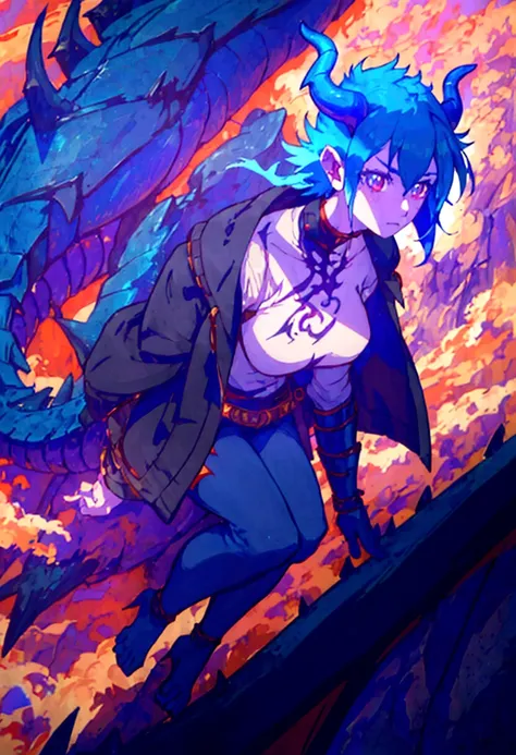 1 female, alone, short blue hair, ((half human and half dragon)), 30 years old, horns coming out of her neck, scary look, breath of fire character; Hybrid character of Human and dragon, full body; ((best angle)); ((better details)); human form