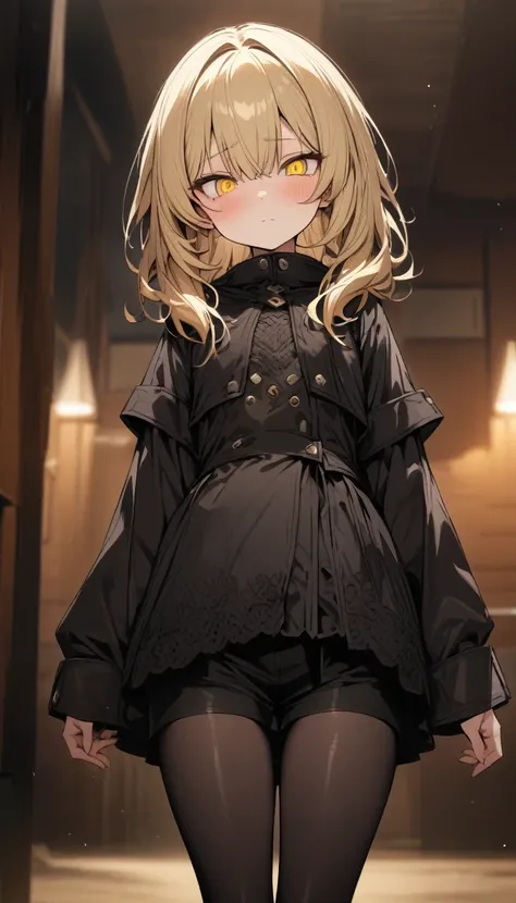 a handsome girl, solo, blond hair, yellow eyes, bright eyes, bangs,
black shorts,
BREAK (black tights:1.5),
no expression,
blurry background,
masterpiece, best quality, ultra detailed,
detailed eyes, cute eyes, slanted eyes,