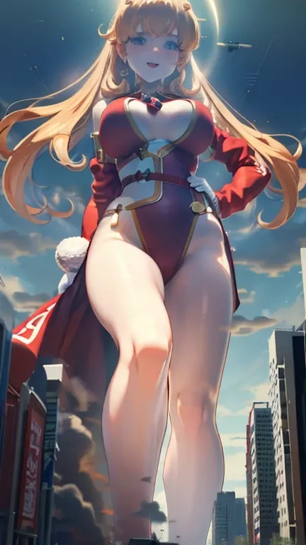 Giant Girl 50,000 feet high，Have a pair of long legs，Have a pair of huge breasts，Wearing a red bikini，Waist-length blonde hair，Loose hair，Wear a pair of Mary Janes，Blonde curly hair，Full of enjoyment，Standing tall in a crowded city, Vandalism，It seems to b...