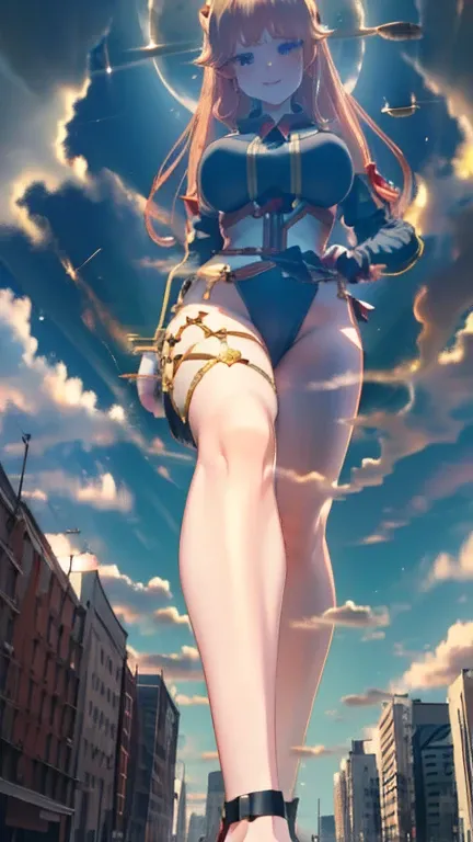 Giant Girl 50,000 feet high，Have a pair of long legs，Have a pair of huge breasts，Wearing a red bikini，Waist-length blonde hair，Loose hair，Wear a pair of Mary Janes，Blonde curly hair，Full of enjoyment，Standing tall in a crowded city, Vandalism，It seems to b...