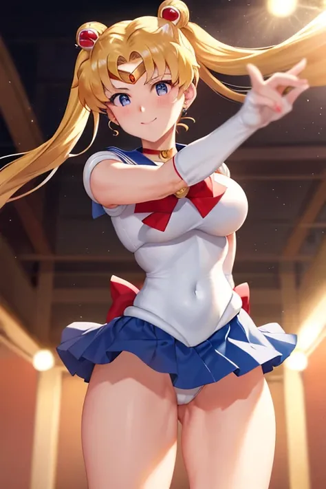 masterpiece, high definition, best quality, rendered art, well formed hands, fingers and body, 1 woman, solo, sailor moon , adult, grown up, twin tails, blonde, big breasted, cleavage, full body, , sexy sailor senshi uniform, short blue skirt, red boots, g...