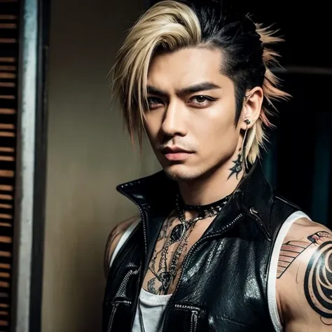 1 japanese male rocker, asien eyes, Visual Kai hairstyle, ultra detailed face and body, hyperrealistic, realistic representation, muscular, broad shoulders, tattoos gothic style, piercings, Visual Kei style, hairstyle Visual Kei, blond, 40 years old, age 4...