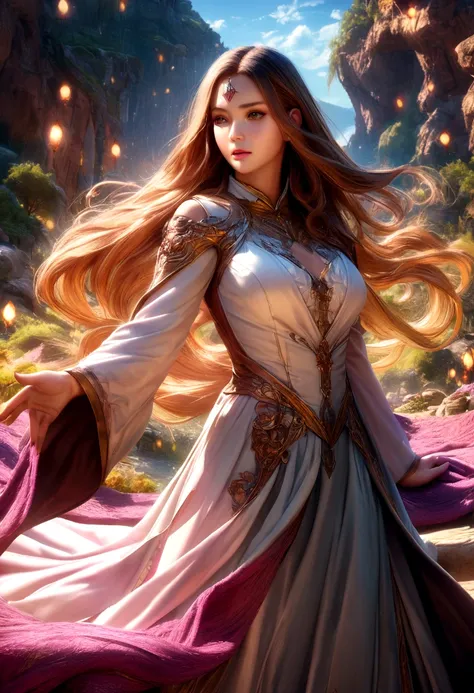 a beautiful female mage in a fantasy manga style, elegant dress, long flowing hair, detailed facial features, intricate magical effects, colorful fantasy landscape background, cinematic lighting, highly detailed, photorealistic, 8k, masterpiece