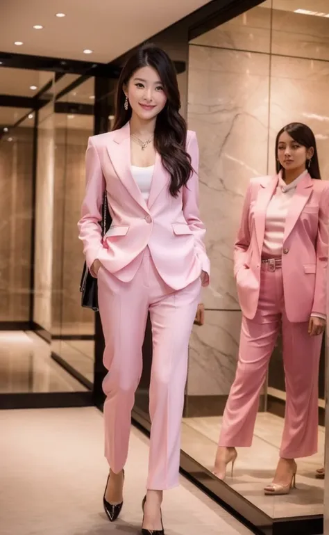 A woman in a pink suit , woman in suit, Wear tight skrit, young woman in a suit, Gorgeous Chinese model, in business attire, cute woman, strict suit, good girl, beautiful asian girl, Wearing a light pink suit, In a luxury jewelry store,