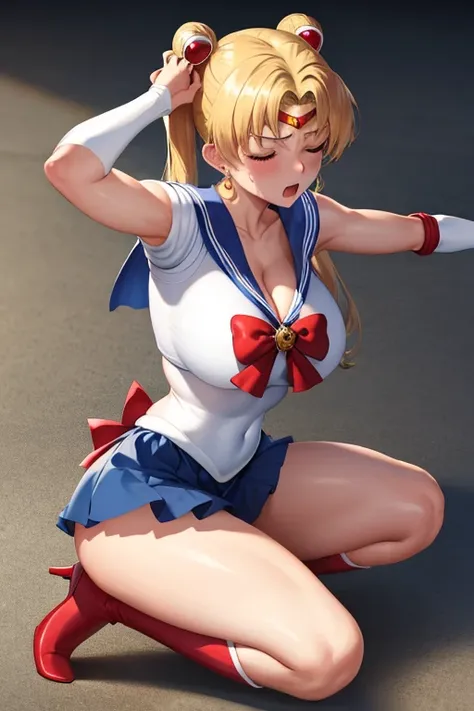 masterpiece, high definition, best quality, rendered art, well formed hands, fingers and body, 1 woman, solo, sailor moon , adult, grown up, twin tails, blonde, big breasted, cleavage, full body, , sexy sailor senshi uniform, short blue skirt, red boots, g...