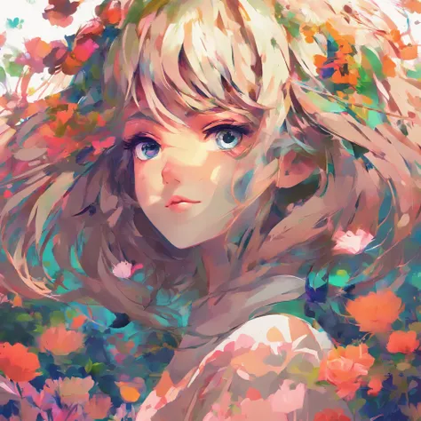 Generate a detailed anime distorted art extreme close up shot of face of a irresistable beauty with medium lenght hair , beautiful eyes in a background of a vibrant color flowergarden using high definition unreal engine , 32k resolution image