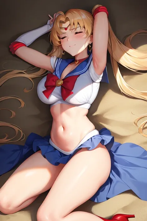 masterpiece, high definition, best quality, rendered art, well formed hands, fingers and body, 1 woman, solo, sailor moon , adult, grown up, twin tails, blonde, big breasted, cleavage, full body, , sexy sailor senshi uniform, short blue skirt, red boots, g...