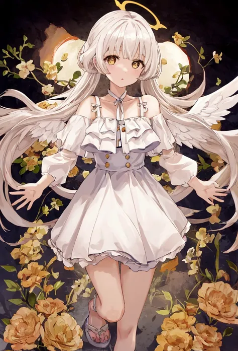 (high quality) (最high quality) (woman) (Correct physiognomy) (5 fingers on each hand) (Two Arms) (Two-eyed) woman, White hair with bangs on forehead, She has four little angel wings coming out of her head. , Two on the left、Two on the right, Two angel wing...