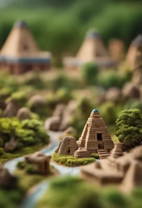 Miniature，Super Cute Clay World, Cute clay freeze frame animation, Tilt-Shift，excellent lighting，Volume Landcape，brush rendering，3D，super detailed, ((Precolumbian pyramids)), ((Inca buildings)), grass, green tones, Sunny illumination