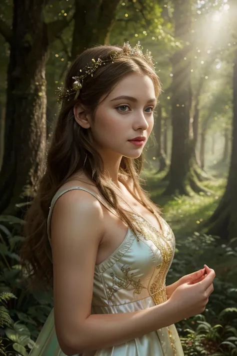 a girl in a fairy tale,1girl,beautiful detailed eyes,beautiful detailed lips,extremely detailed face and features,porcelain skin,long flowing hair,elegant dress,enchanted forest,sunlight filtering through trees,glowing magical orbs,fantasy landscape,mossy ...