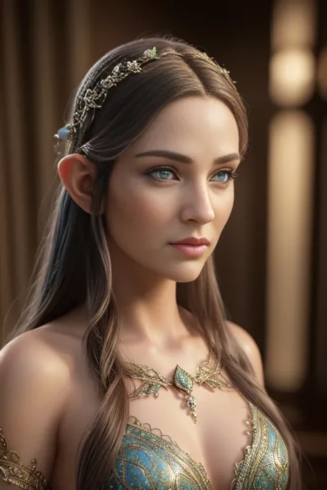 a sensual female elf, elven goddess, beautiful detailed eyes, beautiful detailed lips, extremely detailed face and portrait, long eyelashes, intricate detailed fantasy character, elegant flowing dress, dramatic lighting, cinematic composition, vibrant colo...