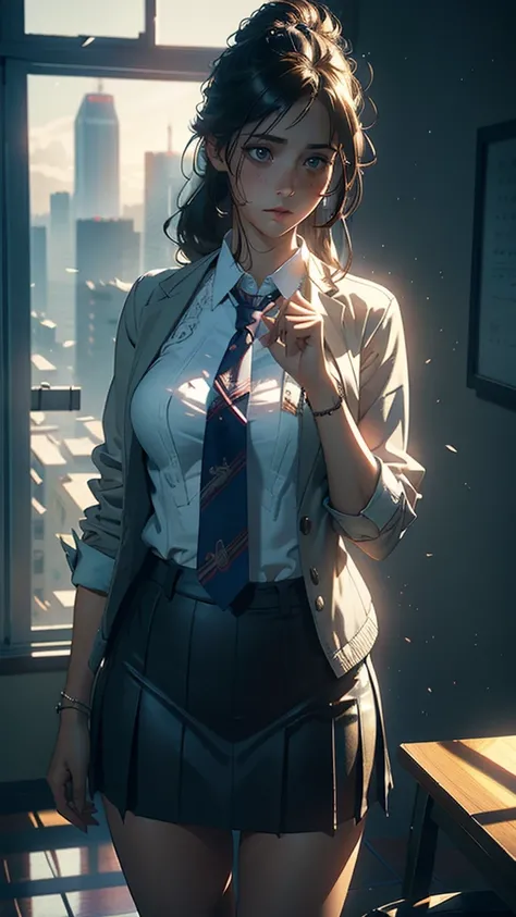 a women kiara wearing a tie, cupcake in her hands, school, indoors, (soothing tones:1.25), (hdr:1.25), (artstation:1.2), dramatic, (intricate details:1.14), (hyperrealistic 3d render:1.16), (filmic:0.55), (rutkowski:1.1), (faded:1.3)