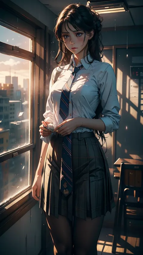 a women kiara wearing a tie, cupcake in her hands, school, indoors, (soothing tones:1.25), (hdr:1.25), (artstation:1.2), dramatic, (intricate details:1.14), (hyperrealistic 3d render:1.16), (filmic:0.55), (rutkowski:1.1), (faded:1.3)